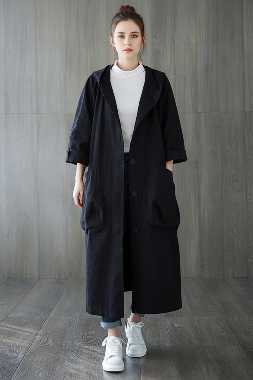 Manteau long imperméable à capuche, fermeture éclair et poches