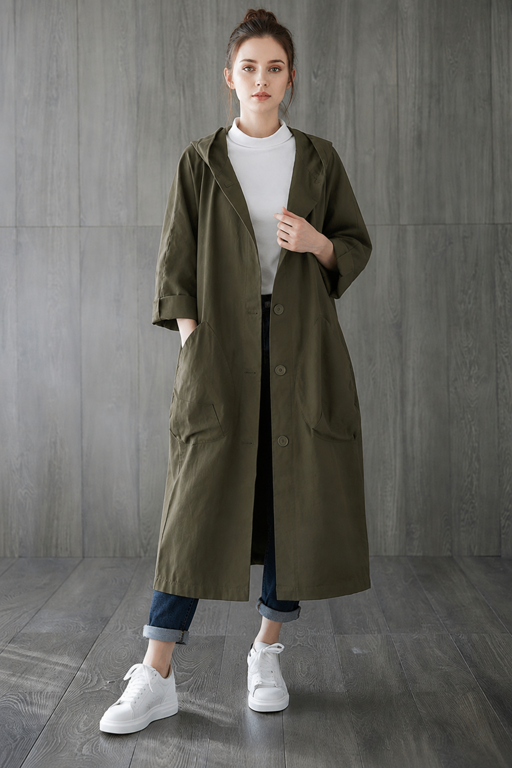 Manteau long imperméable à capuche, fermeture éclair et poches