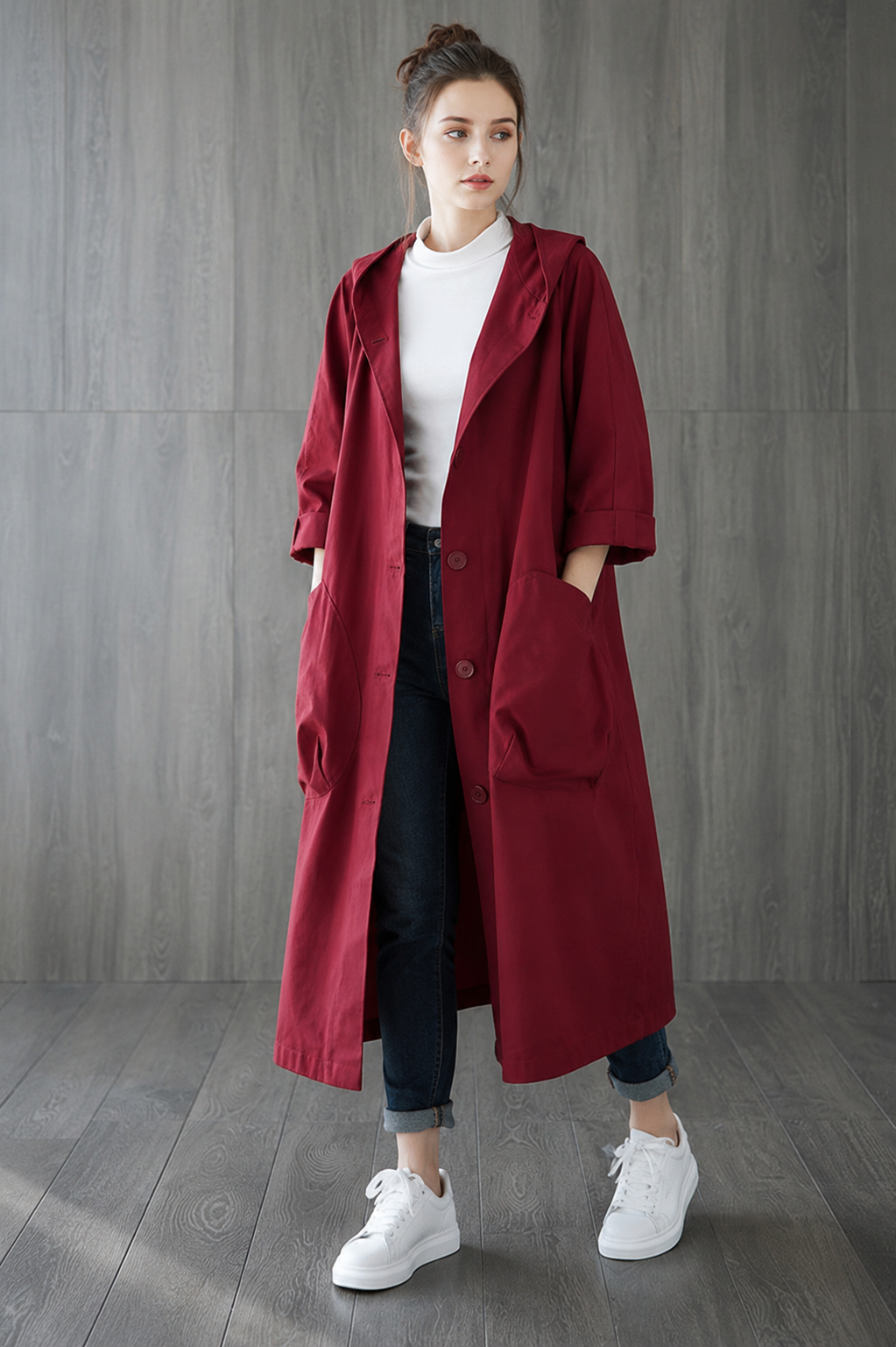 Manteau long imperméable à capuche, fermeture éclair et poches