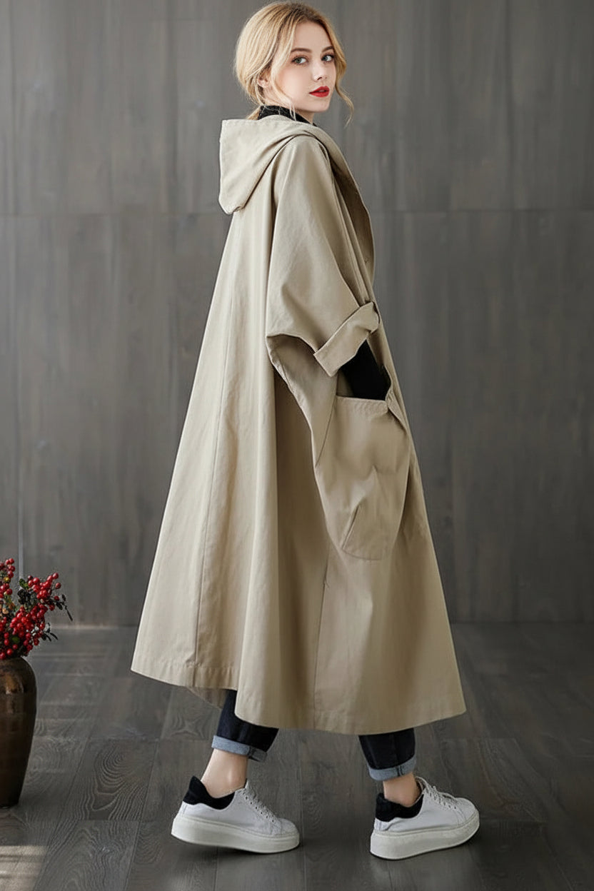 Manteau long imperméable à capuche, fermeture éclair et poches