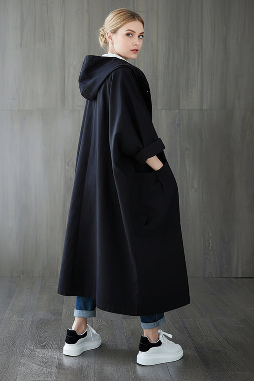Manteau long imperméable à capuche, fermeture éclair et poches
