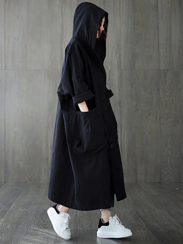 Manteau long imperméable à capuche, fermeture éclair et poches