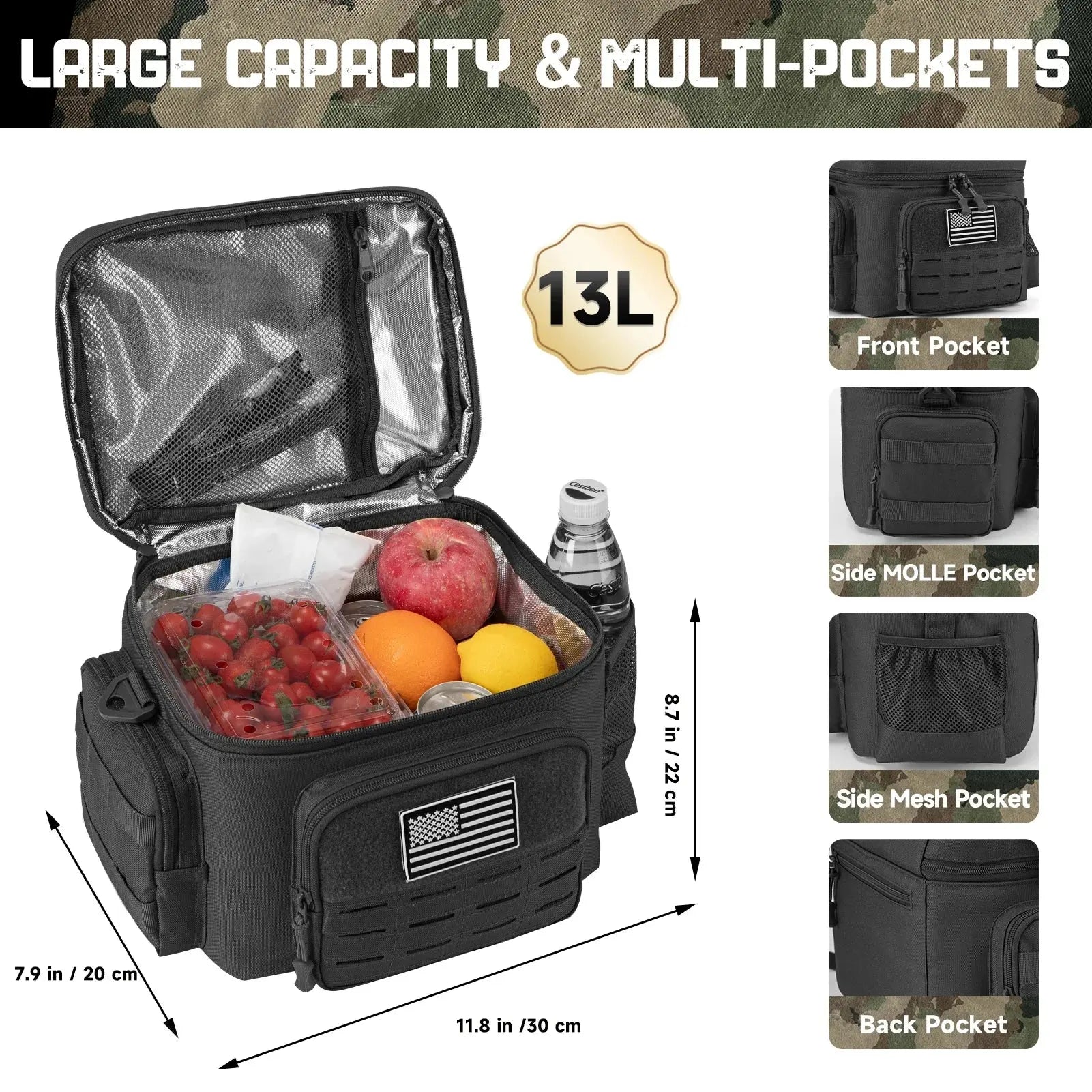 Military Tactical Insulated Meal Bag for Men 13L (Black)