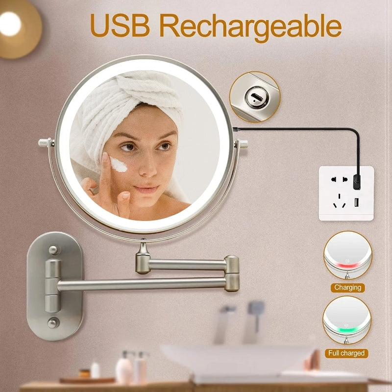 Miroir de maquillage grossissant mural à LED — bras réglable, rechargeable