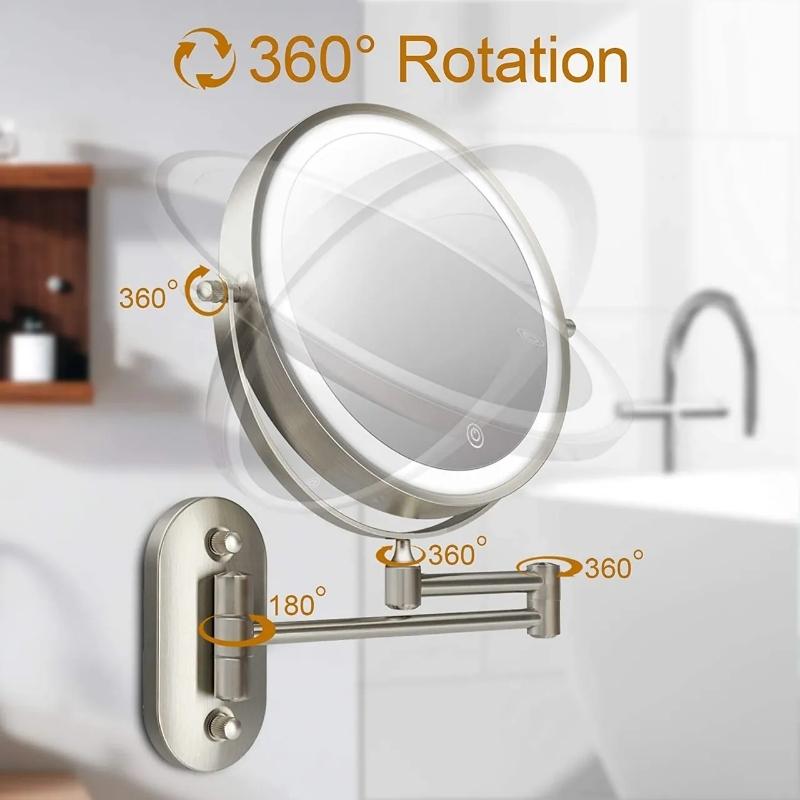 Miroir de maquillage grossissant mural à LED — bras réglable, rechargeable