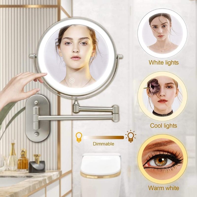 Miroir de maquillage grossissant mural à LED — bras réglable, rechargeable