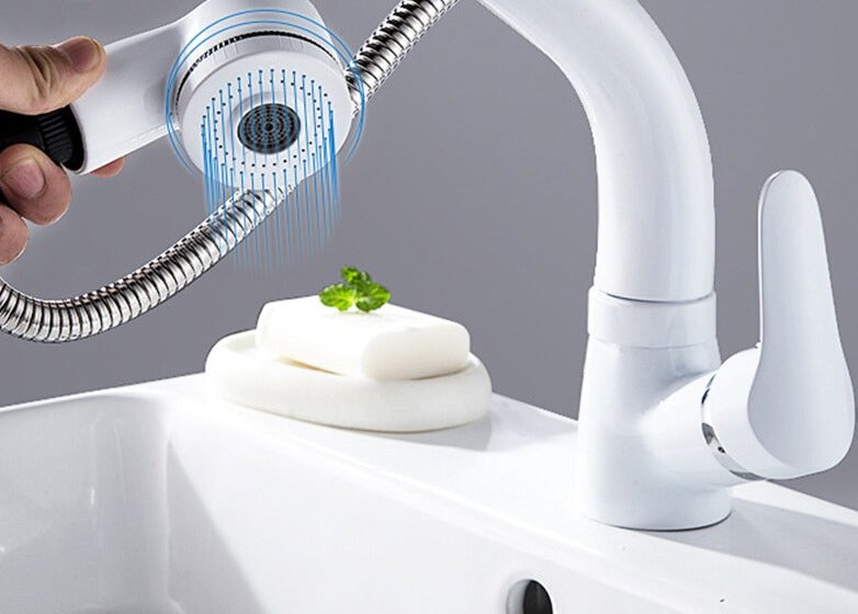 Mitigeur de lavabo extractible avec douchette en finition chromée, noire, blanche et dorée