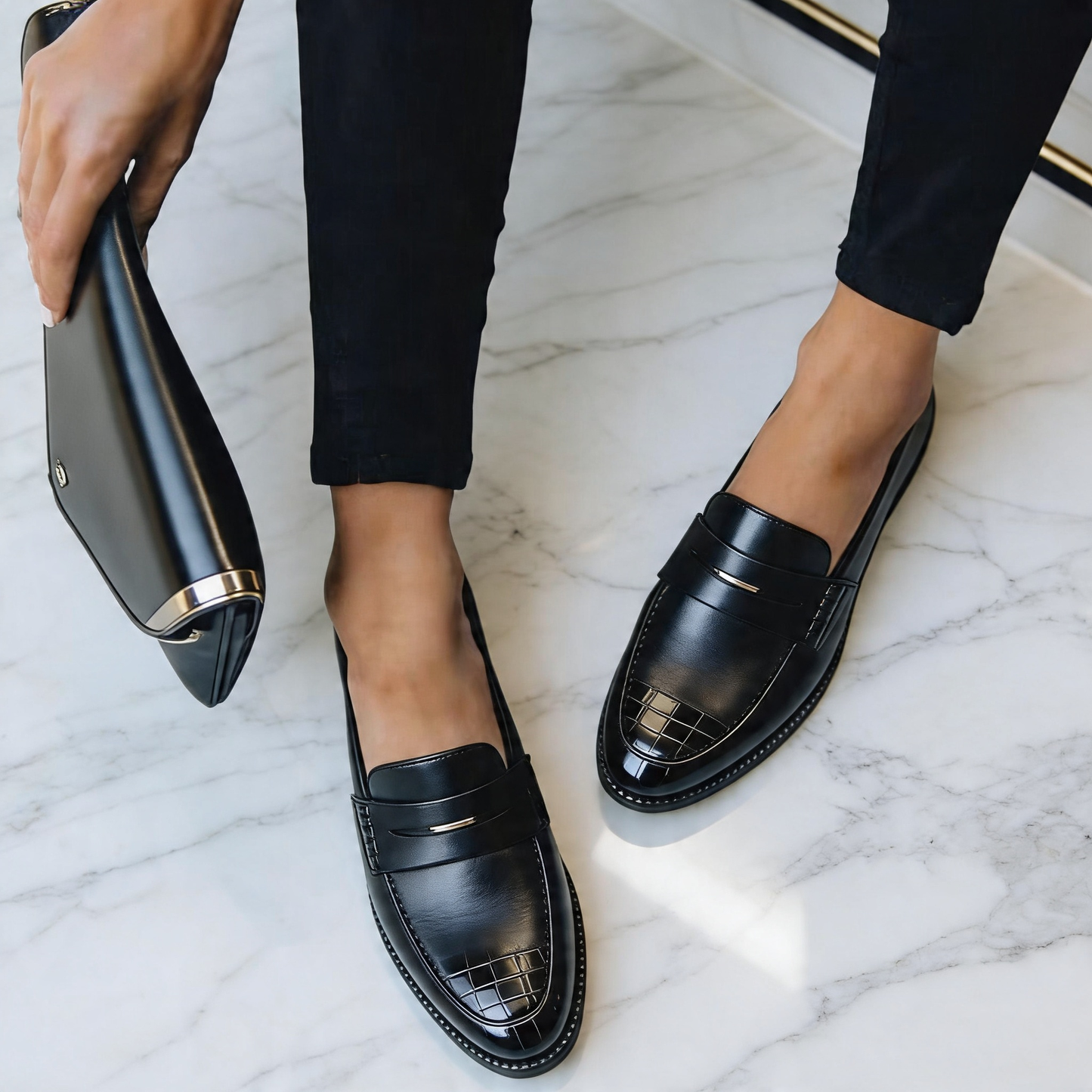 Mocassins en cuir effet crocodile pour femme | Chaussures à enfiler rembourrées