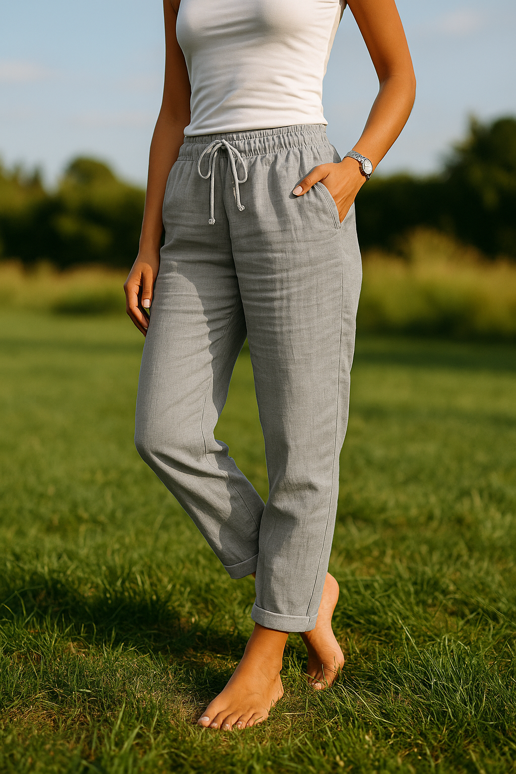 Monica - Cotton and Linen Elastic Waistband Trousers
