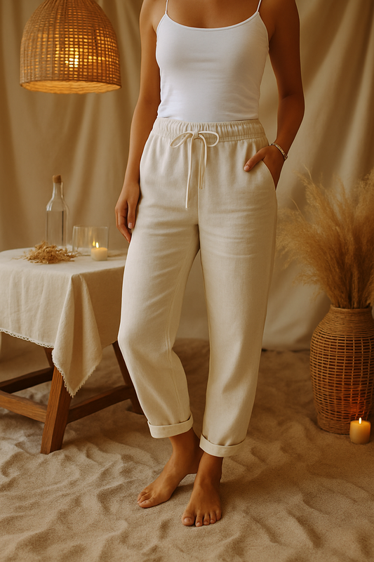Monica - Cotton and Linen Elastic Waistband Trousers