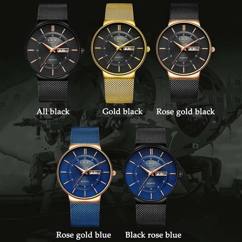Montre bracelet de sport à quartz ultra-fine pour homme en acier inoxydable étanche – Montre élégante avec affichage de la date