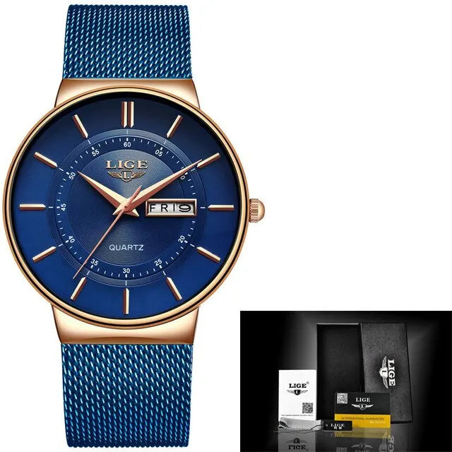 Montre bracelet de sport à quartz ultra-fine pour homme en acier inoxydable étanche – Montre élégante avec affichage de la date