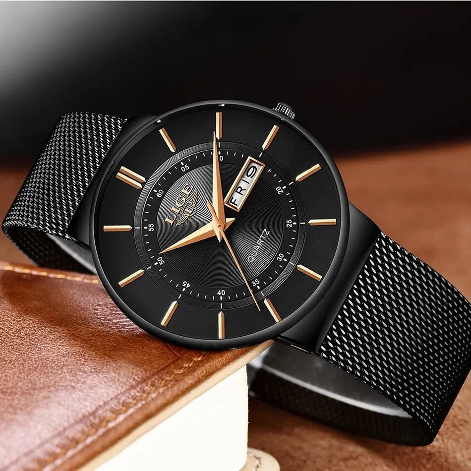 Montre bracelet de sport à quartz ultra-fine pour homme en acier inoxydable étanche – Montre élégante avec affichage de la date
