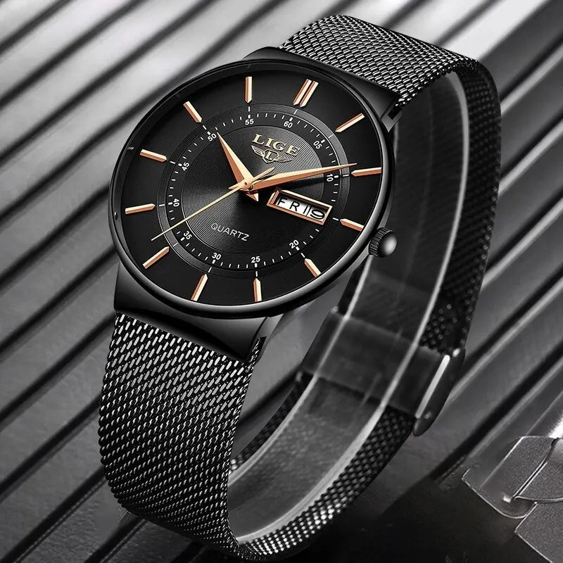 Montre bracelet de sport à quartz ultra-fine pour homme en acier inoxydable étanche – Montre élégante avec affichage de la date