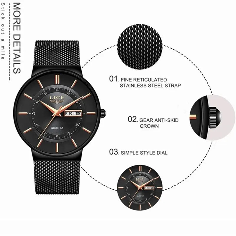 Montre bracelet de sport à quartz ultra-fine pour homme en acier inoxydable étanche – Montre élégante avec affichage de la date