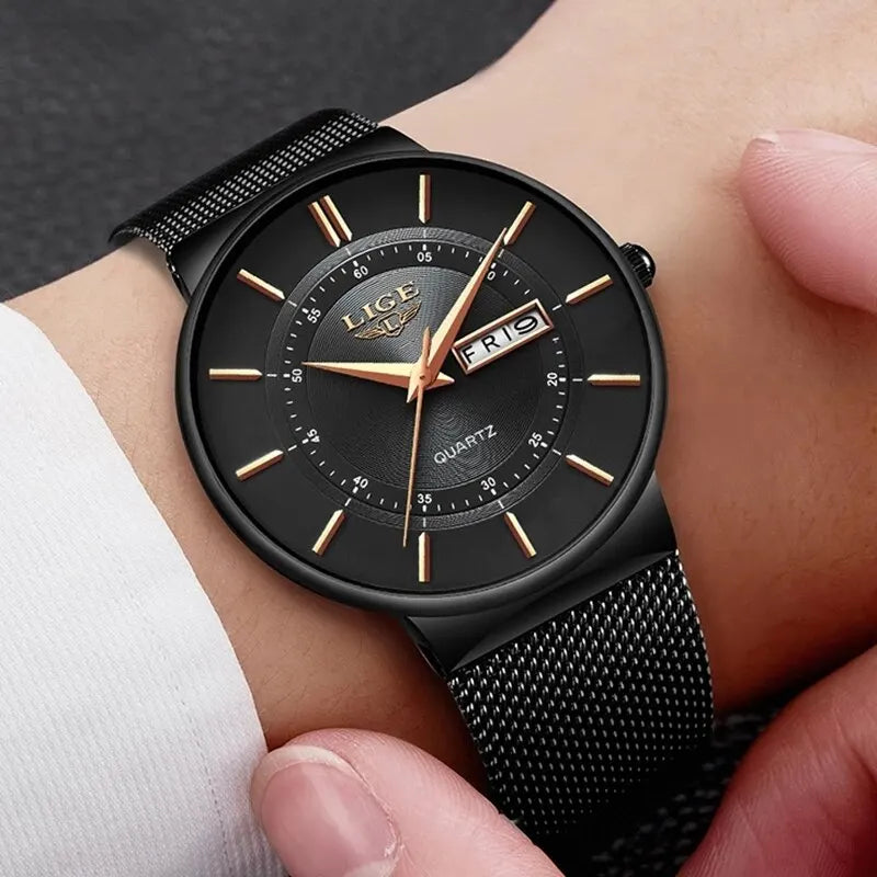 Montre bracelet de sport à quartz ultra-fine pour homme en acier inoxydable étanche – Montre élégante avec affichage de la date