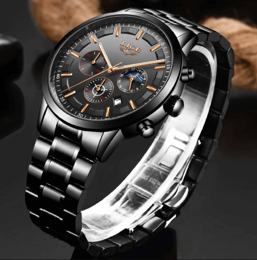 Montre-bracelet militaire noire avec bracelet en acier