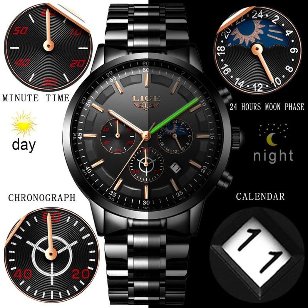 Montre-bracelet militaire noire avec bracelet en acier