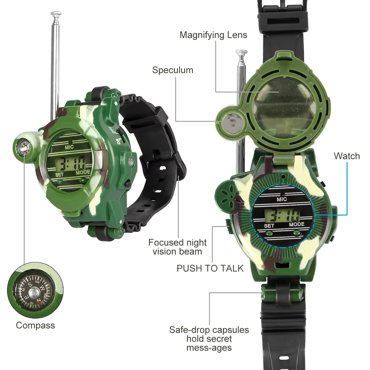 Montre de survie talkie-walkie 7-en-1 camouflage pour enfant