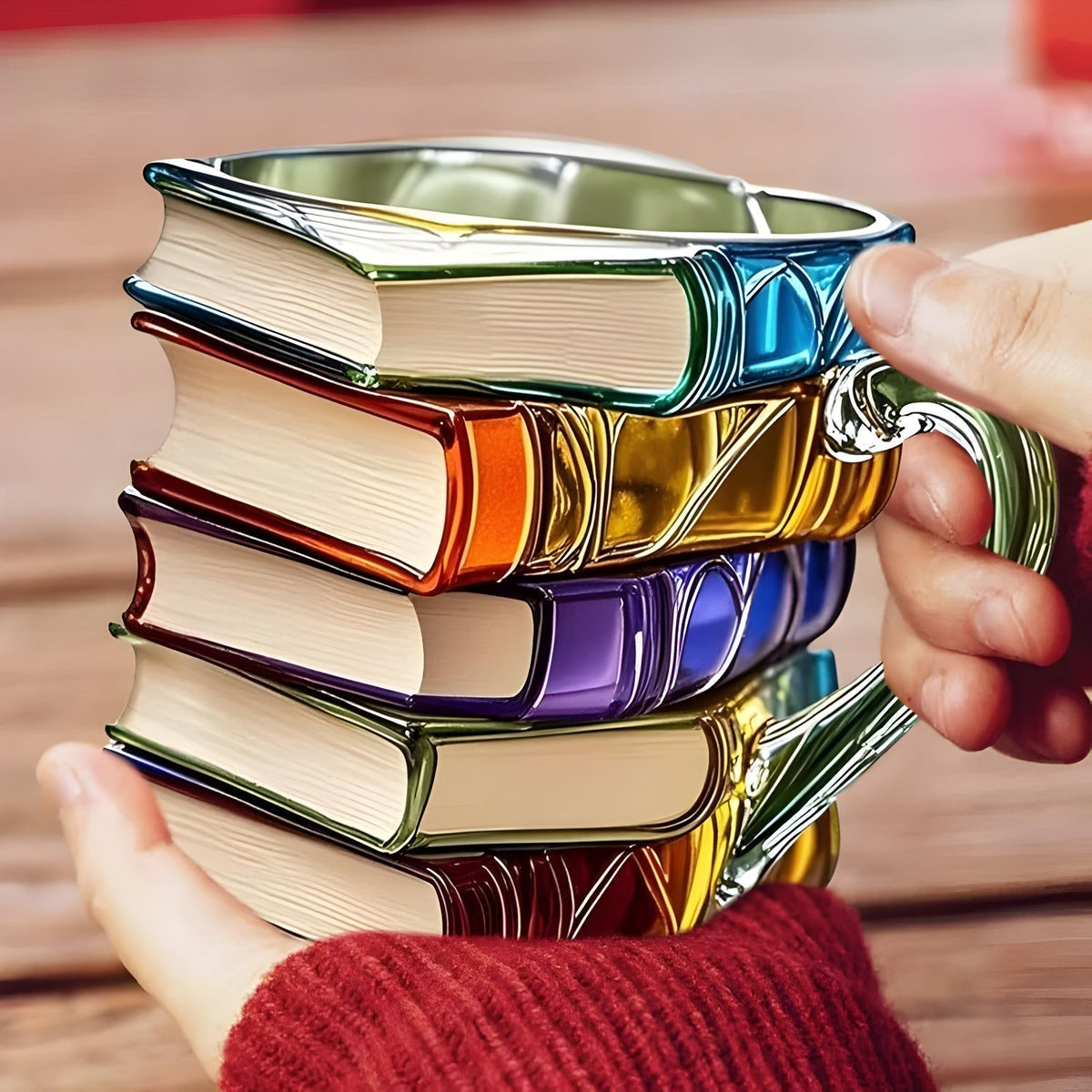 Mug 3D multicolore en résine avec motif de livres empilés et anse