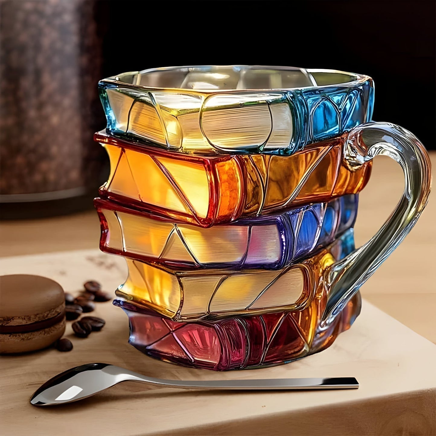 Mug 3D multicolore en résine avec motif de livres empilés et anse