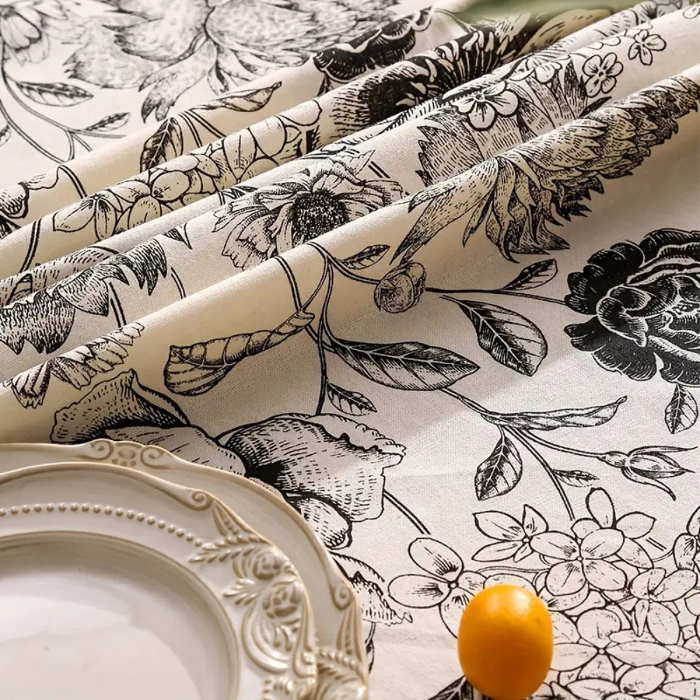 Nappe de style champêtre à motif floral noir et pompons