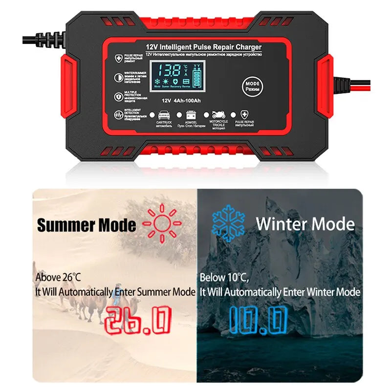 Olvoria | 12V 6A Smart Car Battery Charger | Pulse Repair, LCD Screen & Fast Charging for AGM, Gel & Lead Acid Batteries