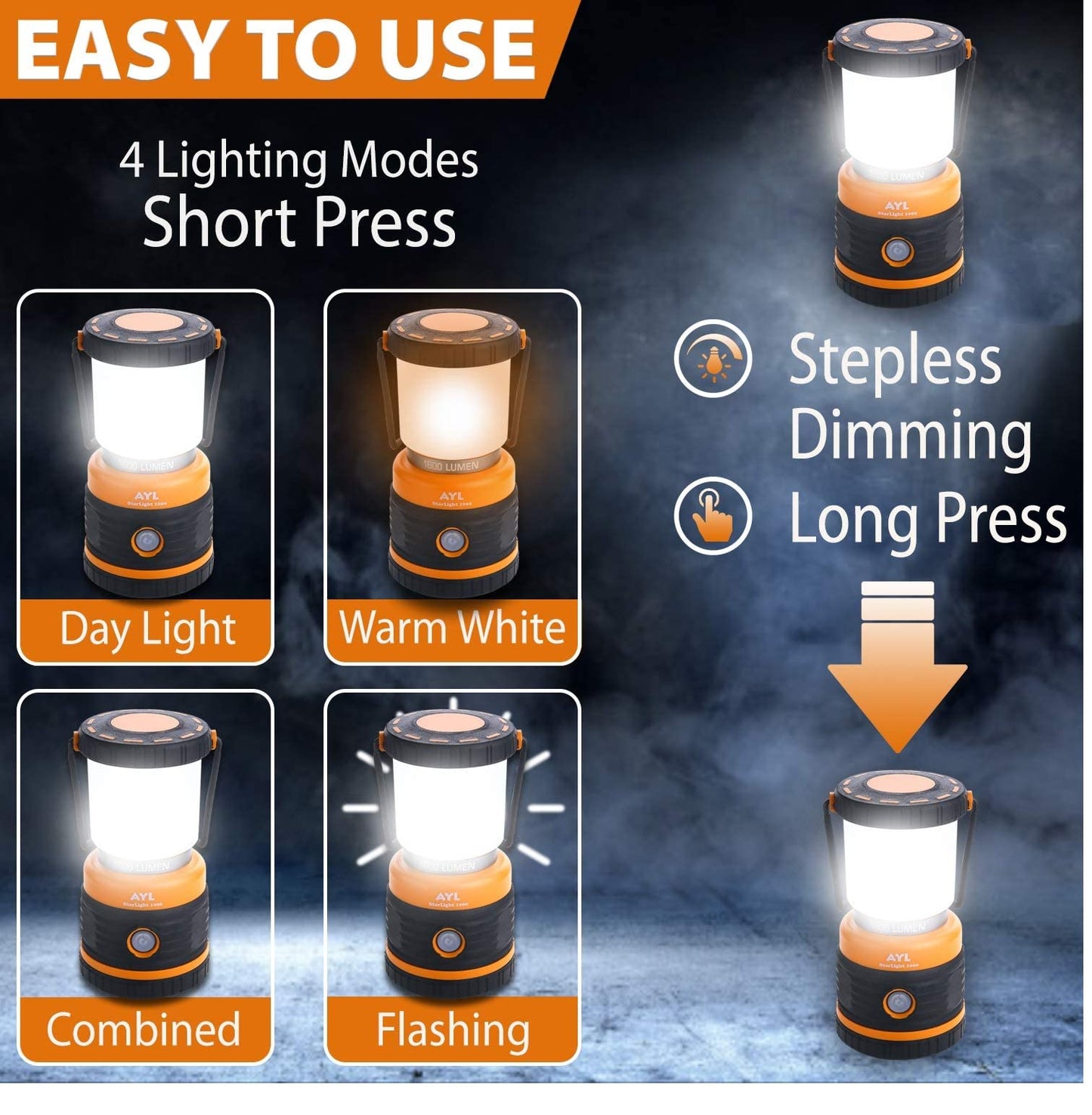 Olvoria | AYL LED Camping Lantern 1800Lm, Rechargeable, 4 Light Modes, Waterproof, 4400Mah Power Bank -