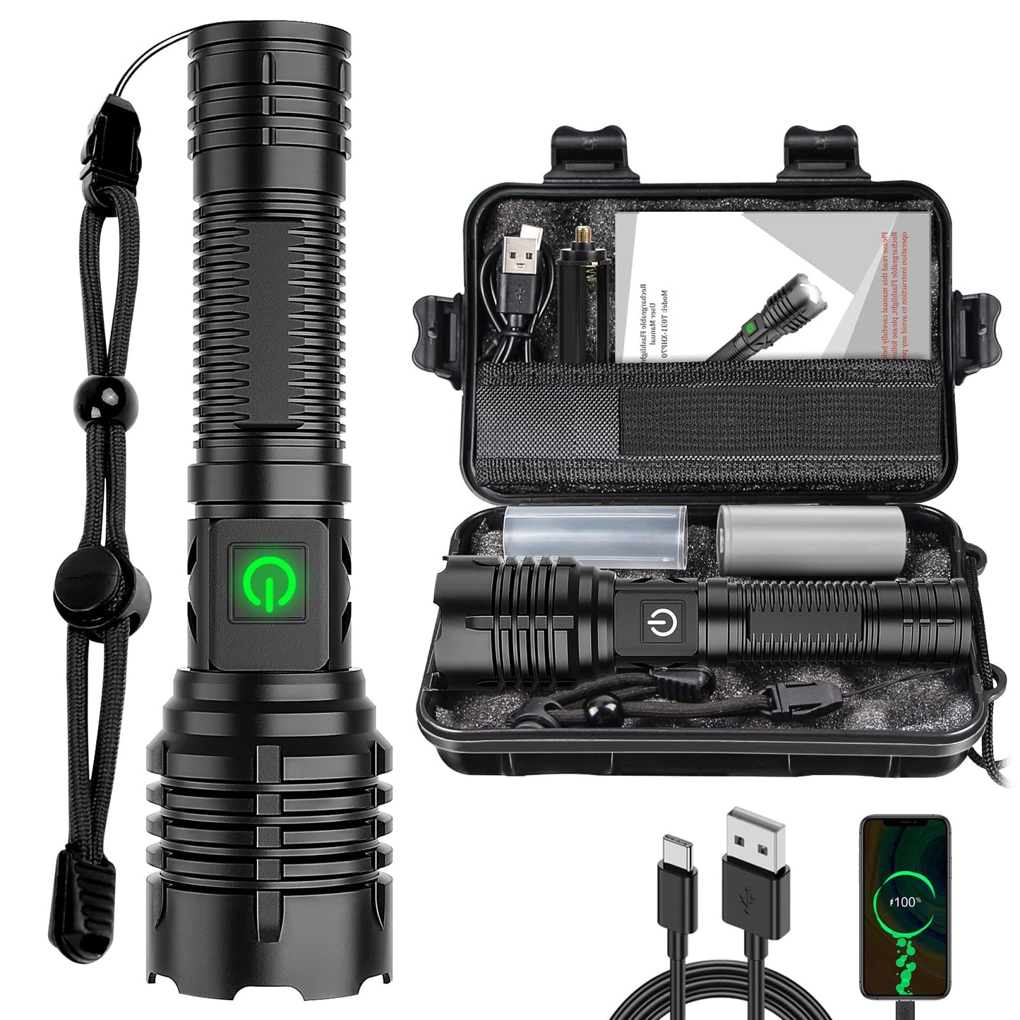Olvoria | Banral 100000 lumen rechargeable pocket flashlight, IPX6 waterproof, 5 modes, zoomable, aluminum