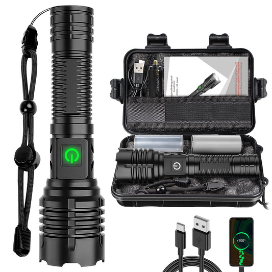 Olvoria | Banral 100000 lumen rechargeable pocket flashlight, IPX6 waterproof, 5 modes, zoomable, aluminum
