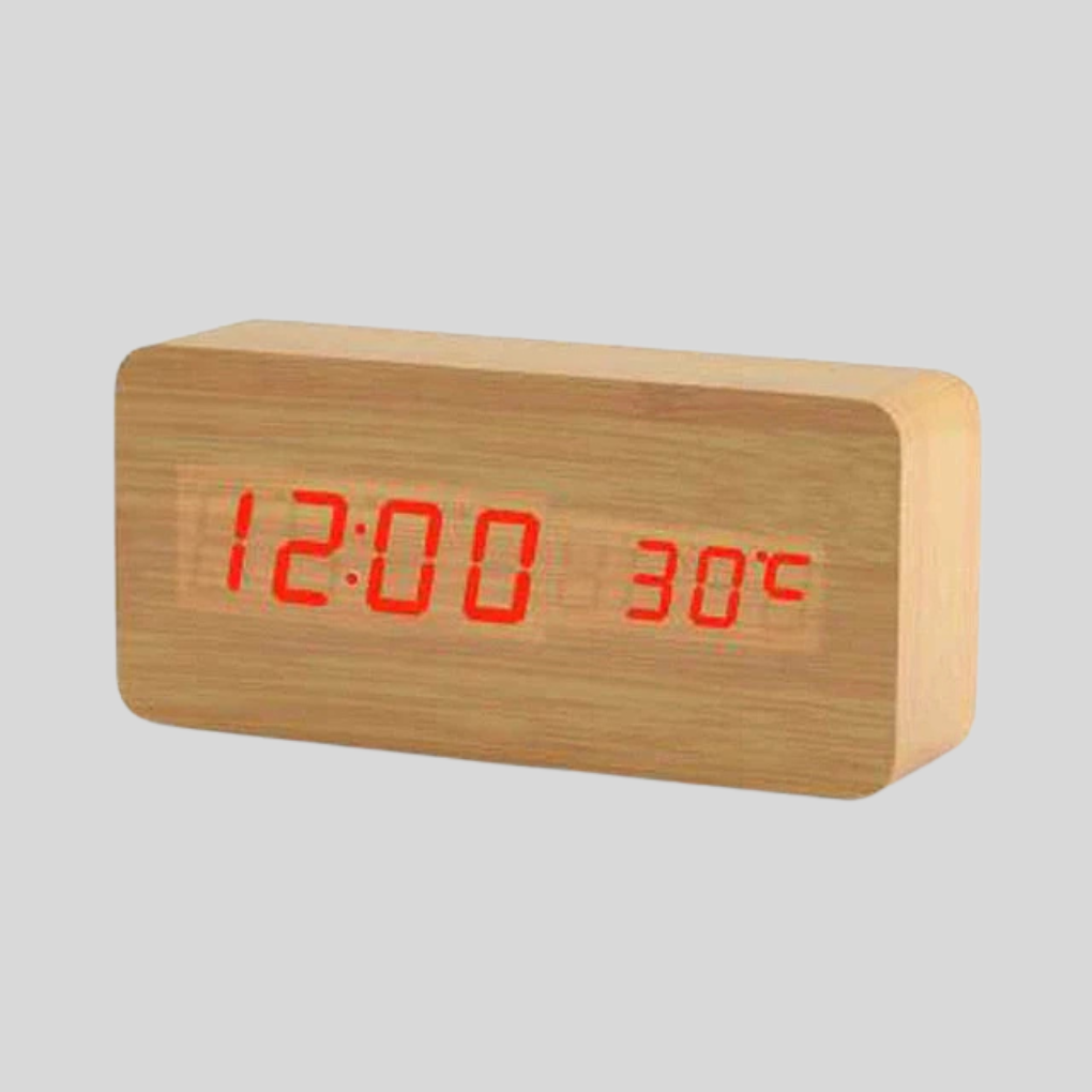 Olvoria | Digital LED Alarm Clock with Wood Look and Temperature