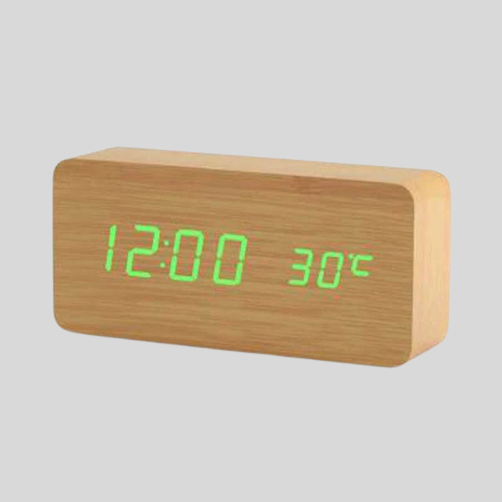 Olvoria | Digital LED Alarm Clock with Wood Look and Temperature