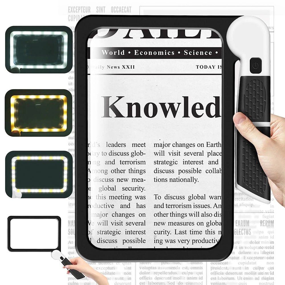 Olvoria | Full-size Handheld Magnifying Glass – 5X Magnification, LED-lit Magnifier with 3 Modes, Ideal for Reading Books and Seniors
