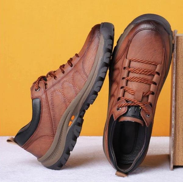 Olvoria | Hand-Stitched Men's Casual Shoes | Genuine Cowhide Leather | Orthopedic Three-Foot Support Design | Non-Slip Rubber Sole | Water-Repellent & Breathable | Black & Brown