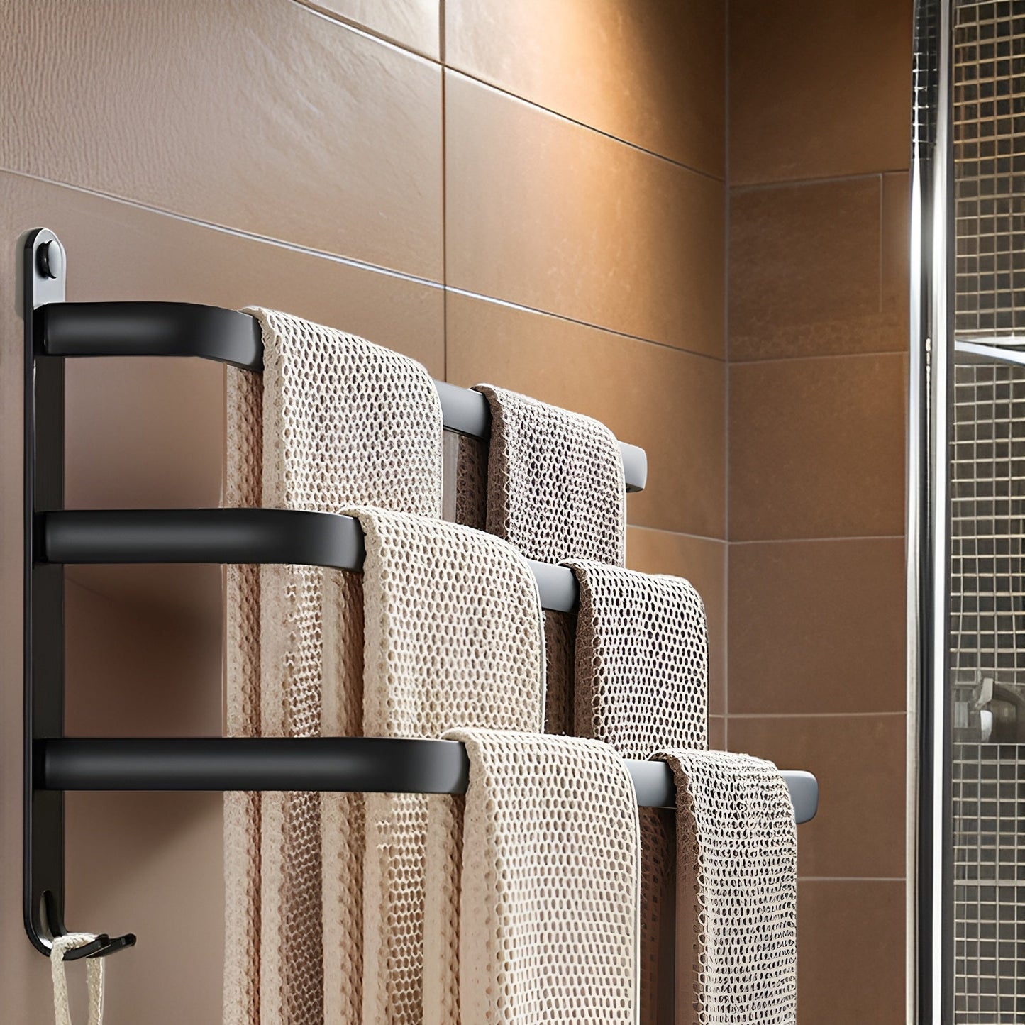 Olvoria | HangEase 3-Tier Towel Holder – Black Wall-Mounted Aluminum Rack Without Drilling