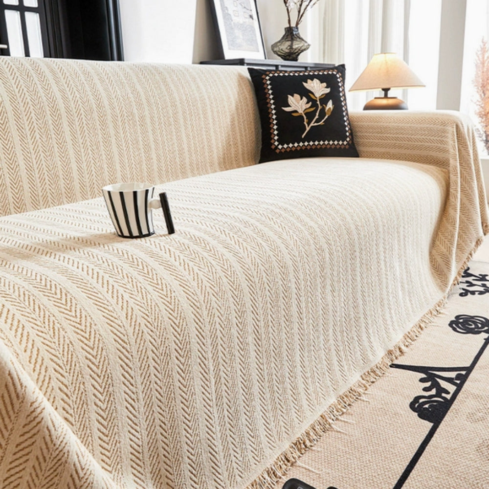 Olvoria | Herringbone Knit Sofa Cover with Tassels