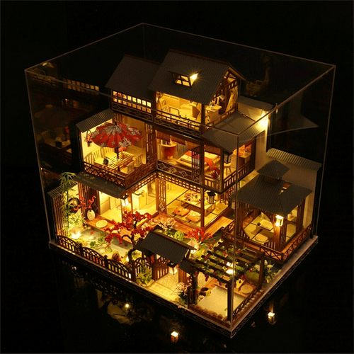 Olvoria | Large Realistic Wooden Dollhouse with LED Lights | DIY Miniature Playhouse