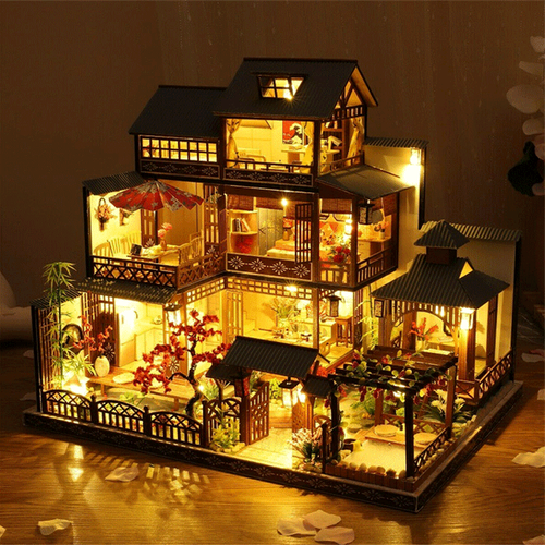 Olvoria | Large Realistic Wooden Dollhouse with LED Lights | DIY Miniature Playhouse