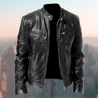 Olvoria | Chaqueta de cuero estilo cafe racer para hombre con bolsillos con cremallera