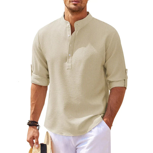 Olvoria | Men's Casual Henley Shirt with Mandarin Collar
