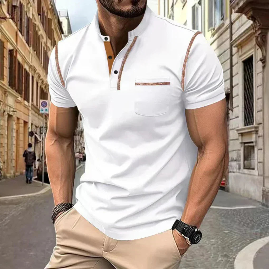 Olvoria | Men's Short Sleeve Henley Shirt with Contrast Stitching