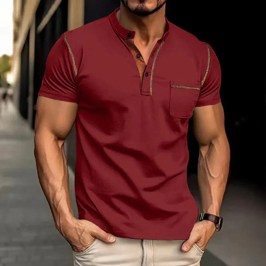 Olvoria | Men's Short Sleeve Henley Shirt with Contrast Stitching