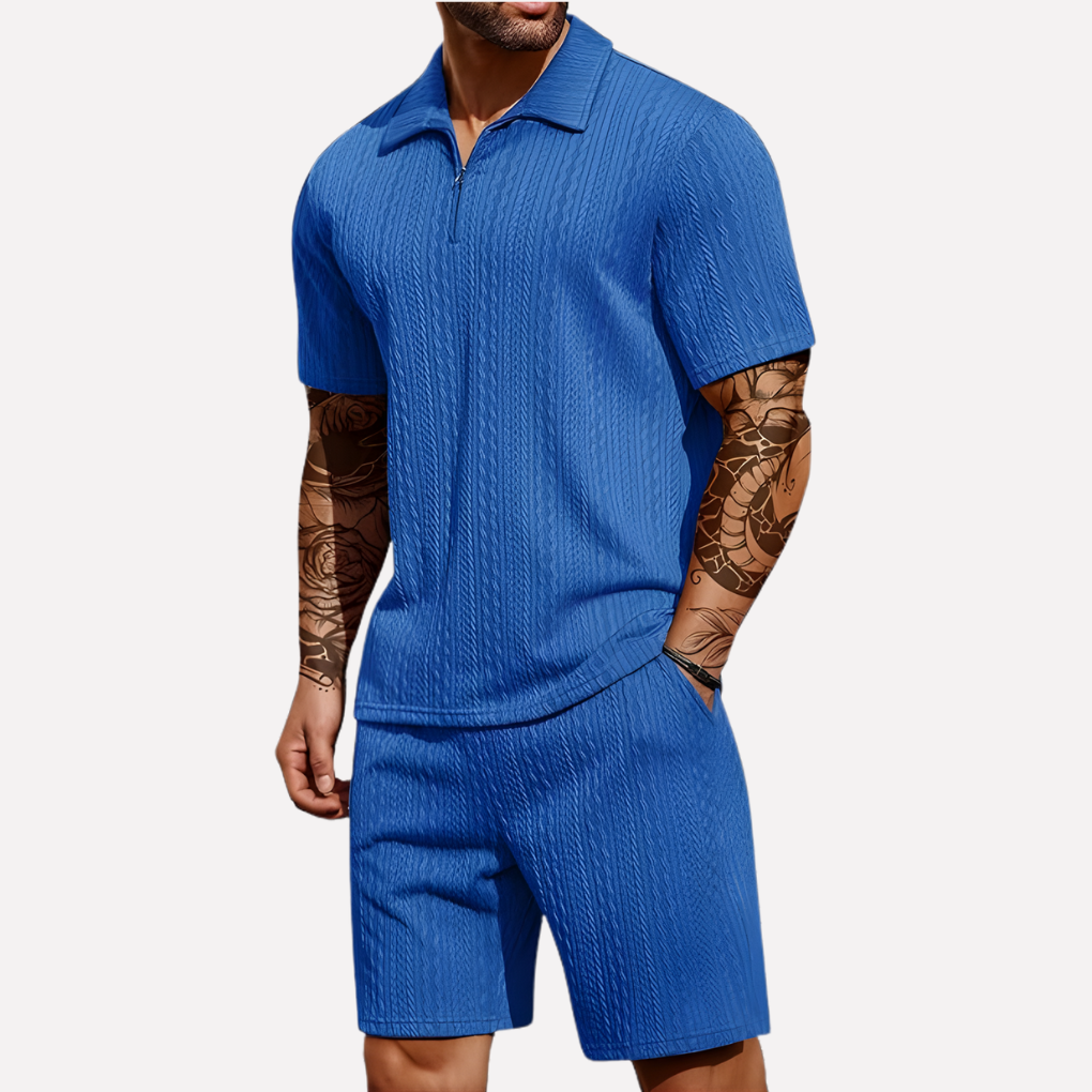 Olvoria | Men's Textured Quarter-Zip Polo & Shorts Set