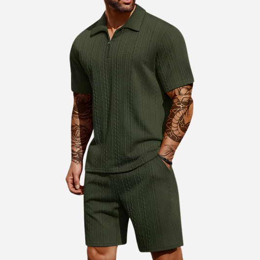 Olvoria | Men's Textured Quarter-Zip Polo & Shorts Set