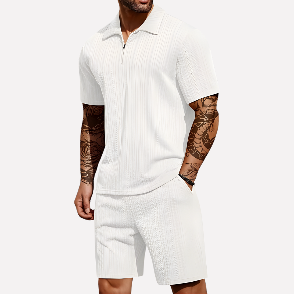 Olvoria | Men's Textured Quarter-Zip Polo & Shorts Set