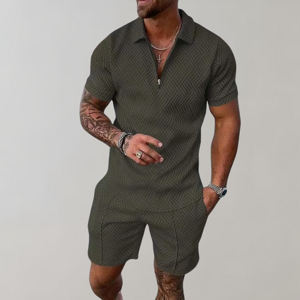 Olvoria | Men's Zip Polo & Shorts Set with Geometric Pattern