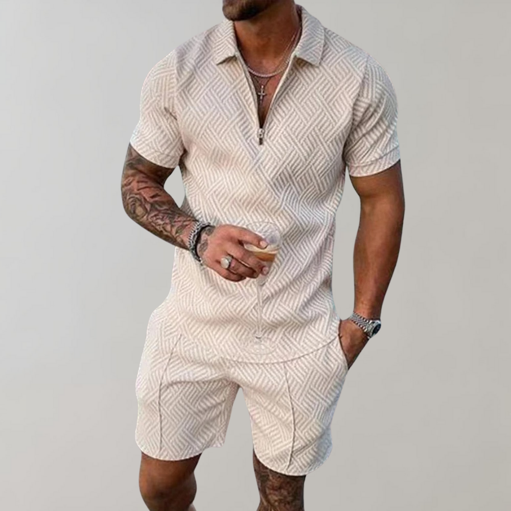 Olvoria | Men's Zip Polo & Shorts Set with Geometric Pattern