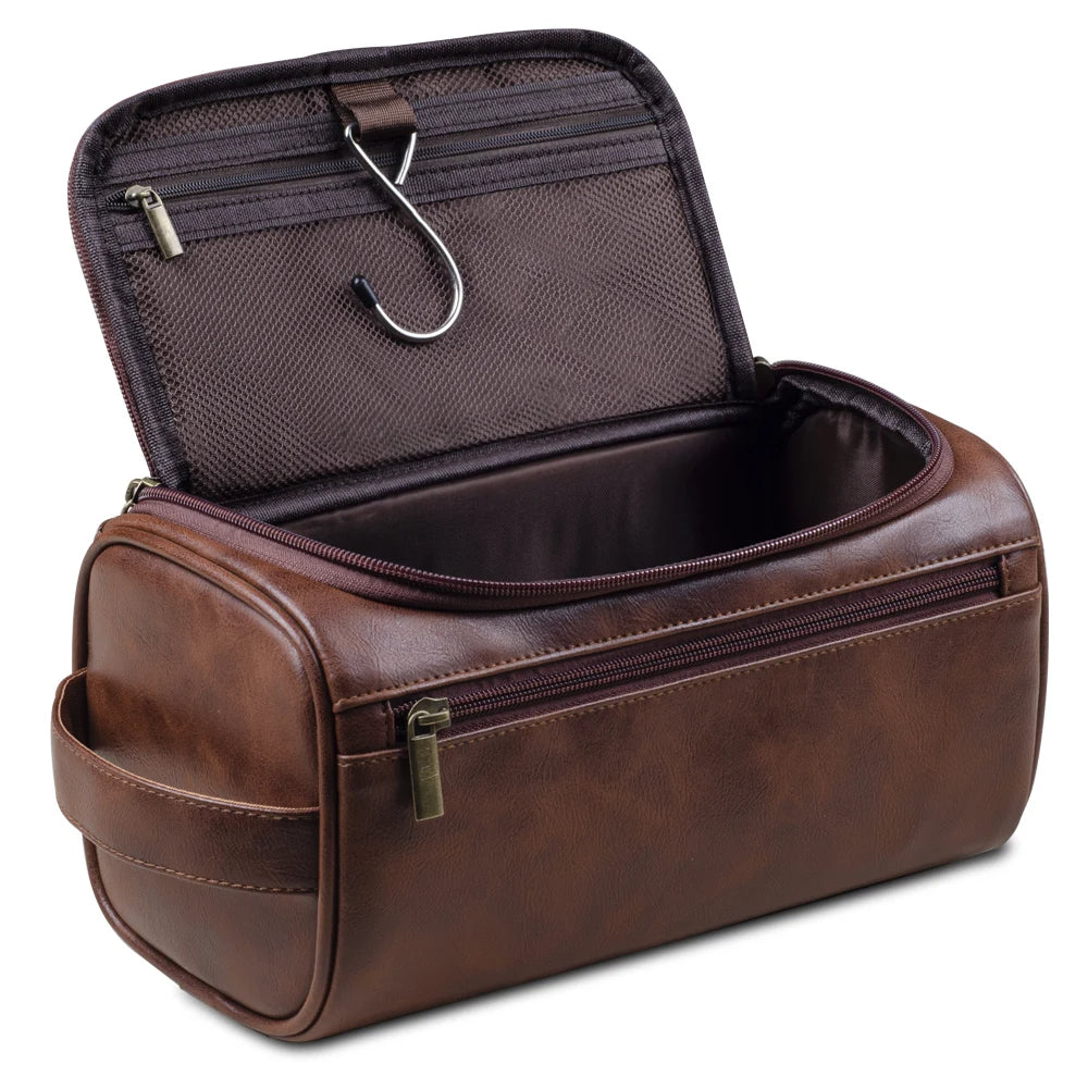 Olvoria | Premium Leather Toiletry Bag | Three-Layer Water-Repellent Design | Integrated Metal Hook for Hanging | 25x13x13 cm | Compact Travel Organizer with Quick Access Pocket