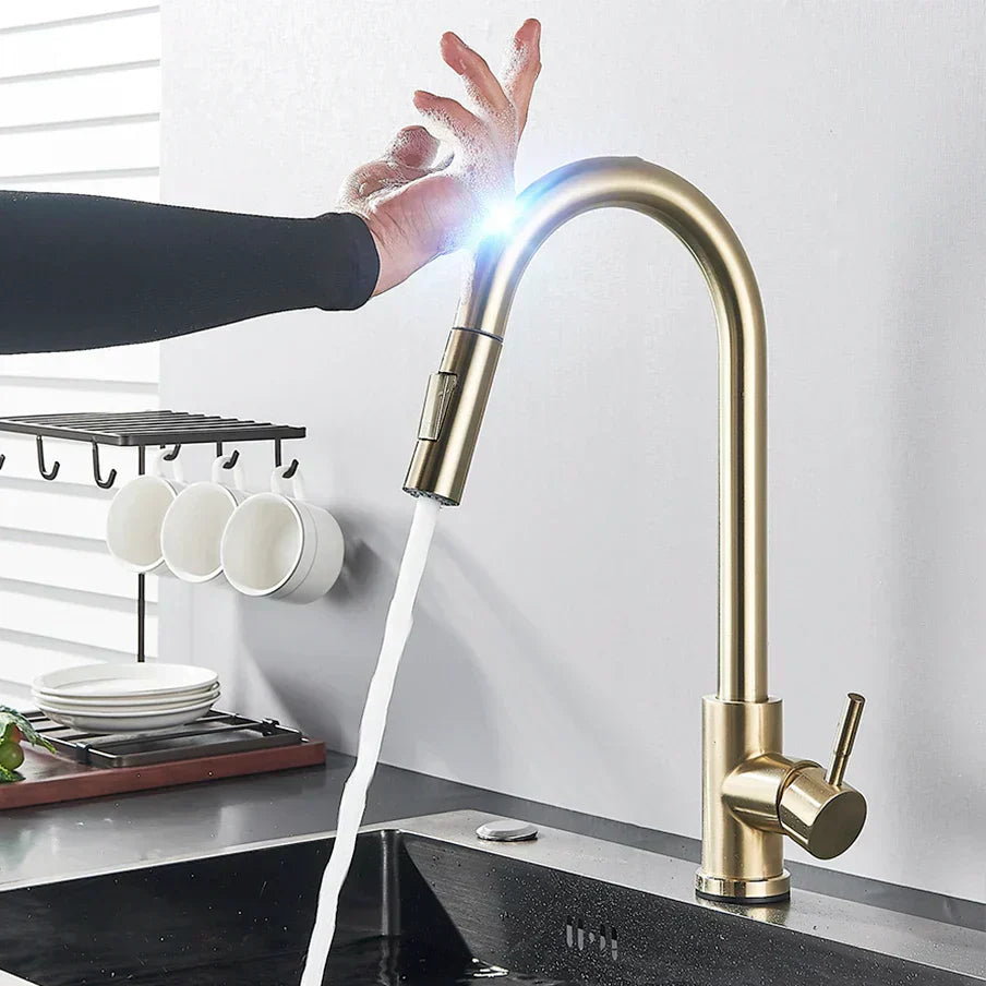 Olvoria | SmartTouch | Kitchen Faucet with Touch Sensor and Pull-Down Spray Head – Brushed Nickel