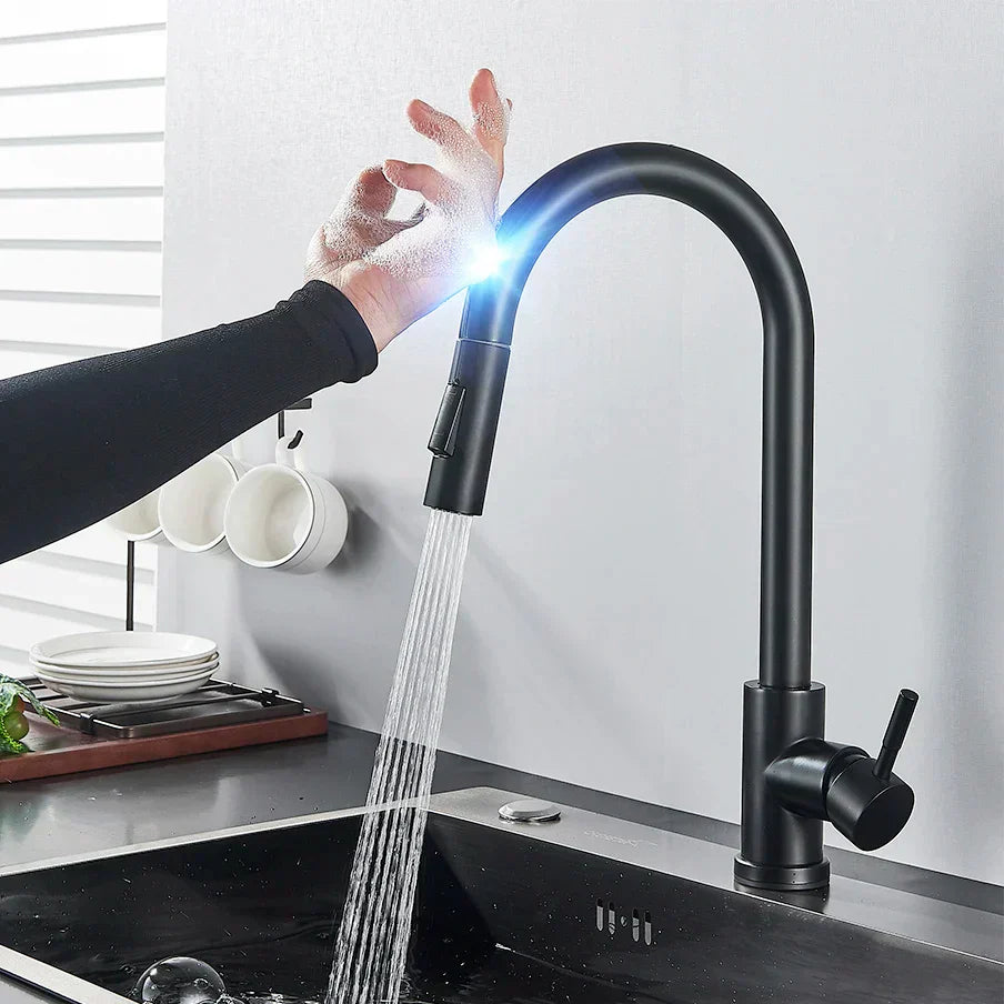 Olvoria | SmartTouch | Kitchen Faucet with Touch Sensor and Pull-Down Spray Head – Brushed Nickel